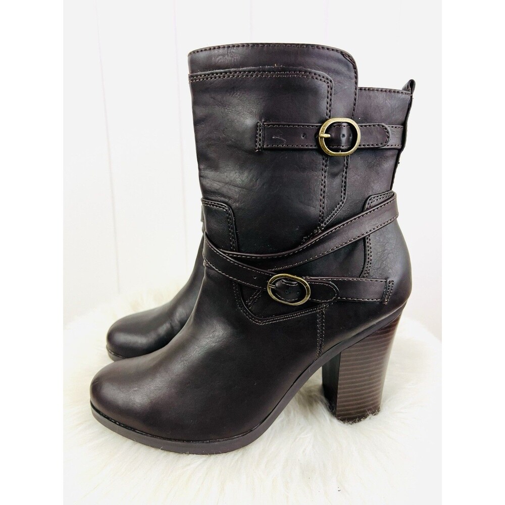 Style & Co Ameliya Brown Vegan Leather Block Heel Strappy Side Zip Short Boots 9